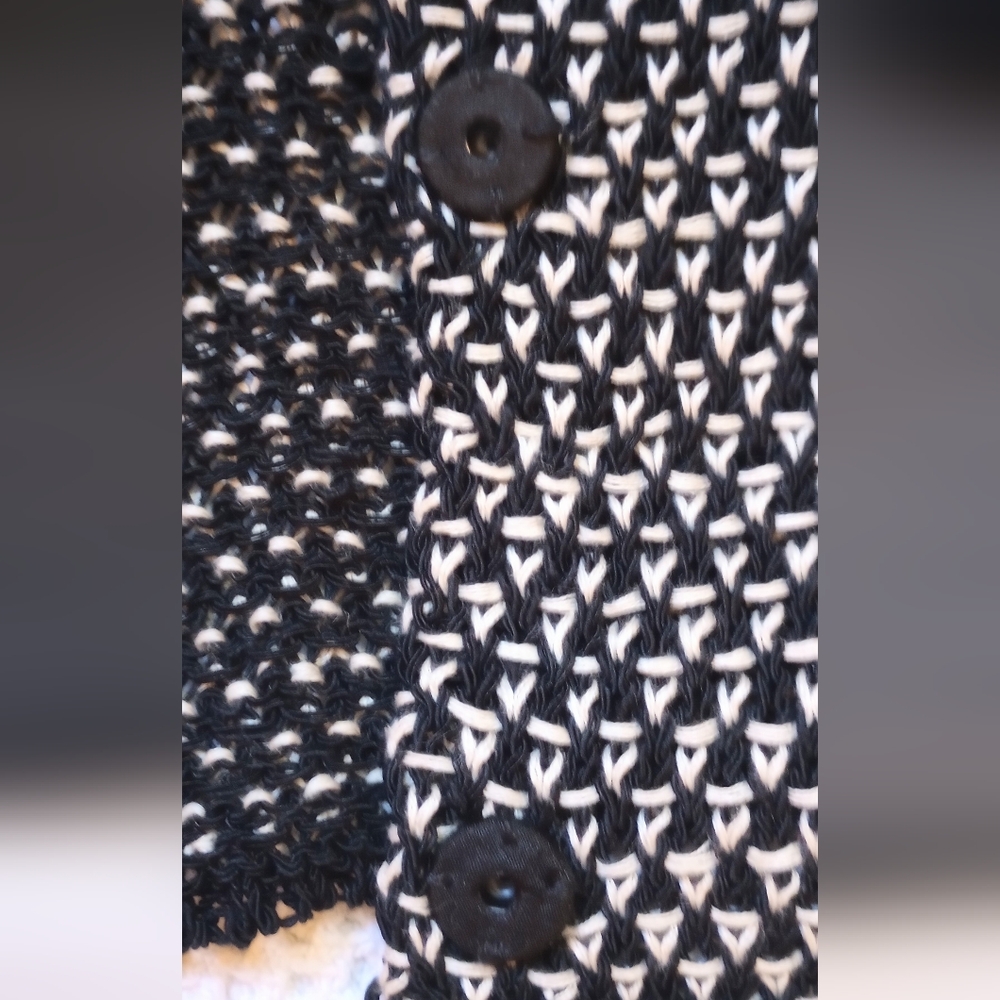 Eileen Fisher Organic Linen   Blend Hidden Snap Black White Knit Cardigan SZ L - Picture 9 of 11